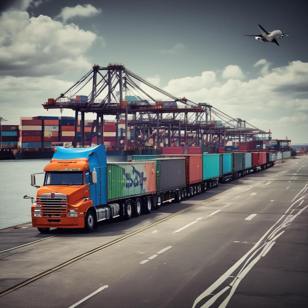 Logística de comercio exterior con buque, camión y contenedores